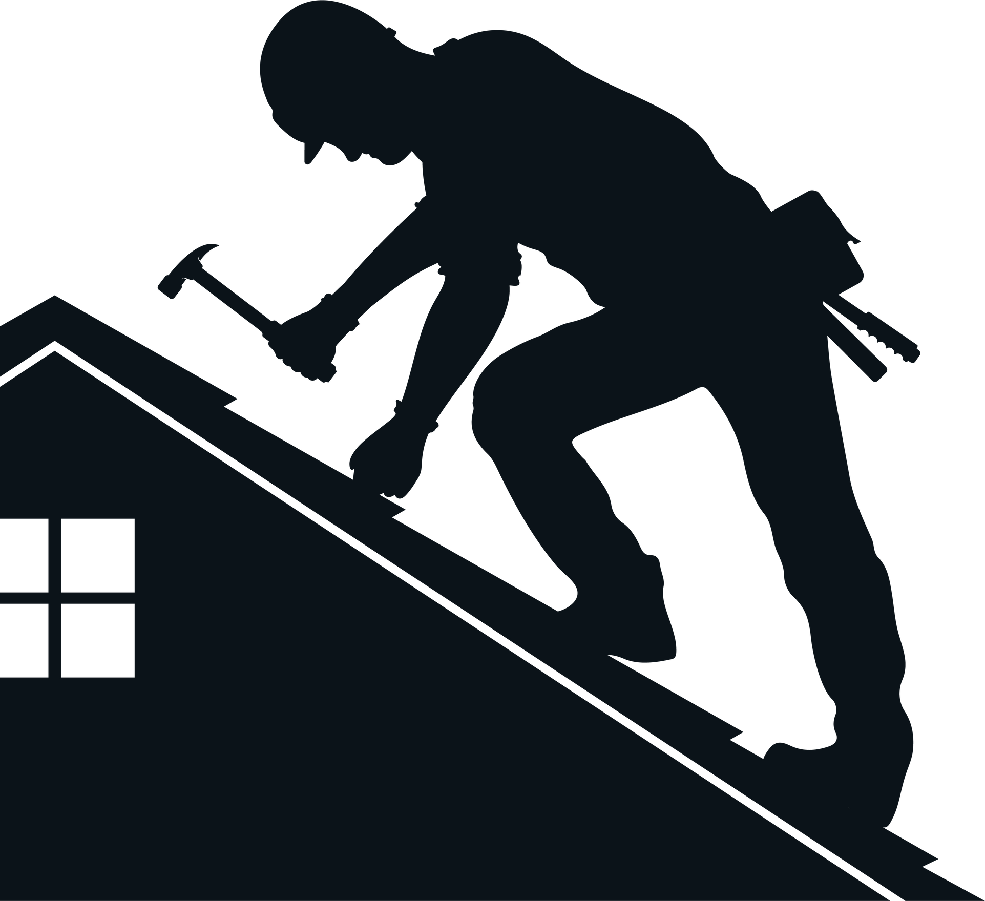 Roofer silhouette on roof with hammer tool, design for roofing